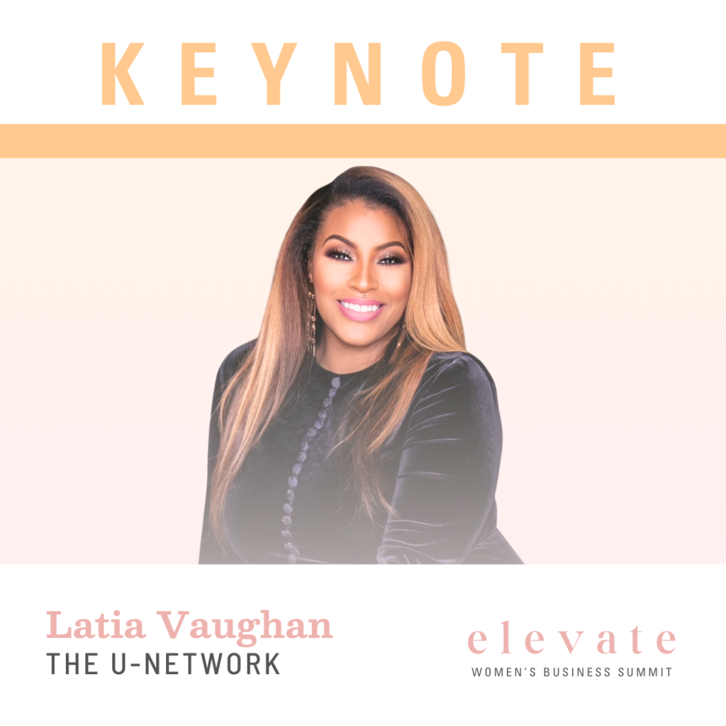 Latia Vaughan with The U-Network keynote banner